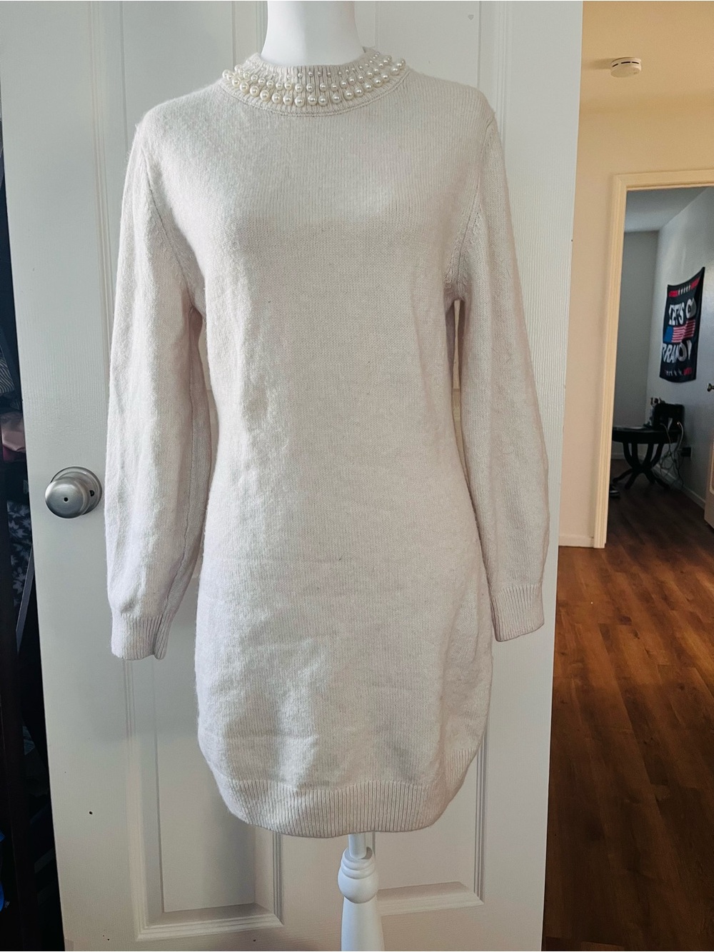 H&M Cream Pearl-Trim Long Sleeve Sweater Dress